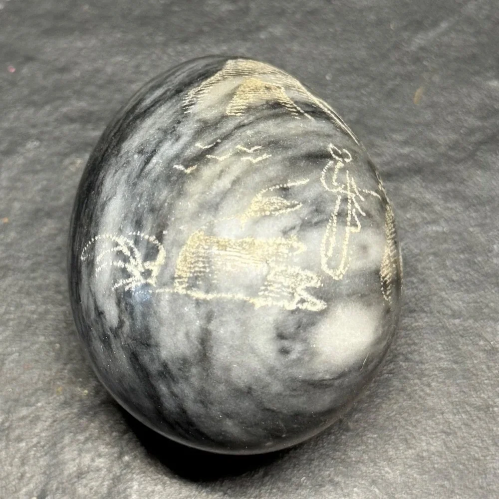 Vintage Etched Grey Marble Stone Egg Hand Carved Landscape Scene Decorative Art - Picture 4 of 9